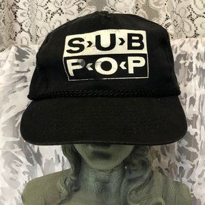90's Vintage Sub Pop All Cloth Cap Hat Adjustable leather strap Black Rope trim